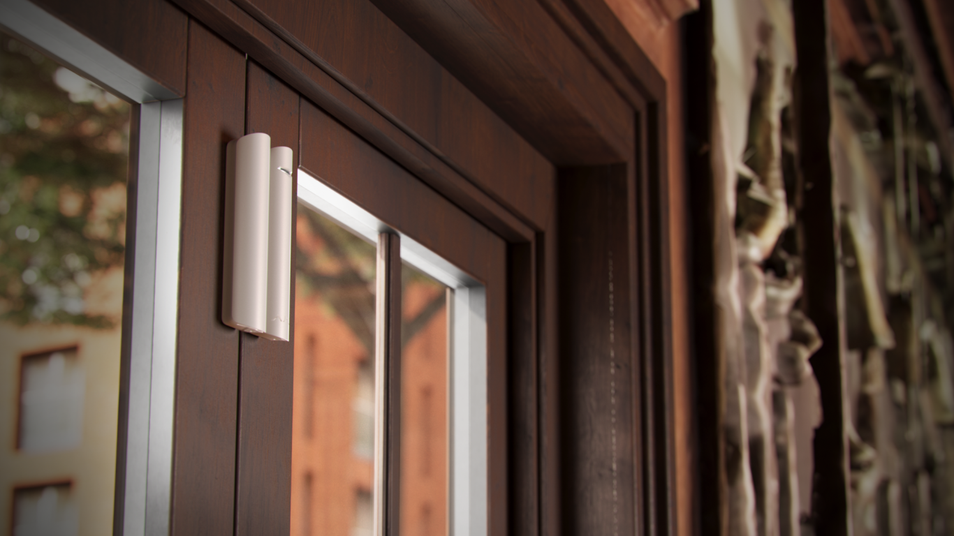 Magnetkontaktmelder Holztür mit Glasfenster und modernen Griffen, näherer Anschnitt.