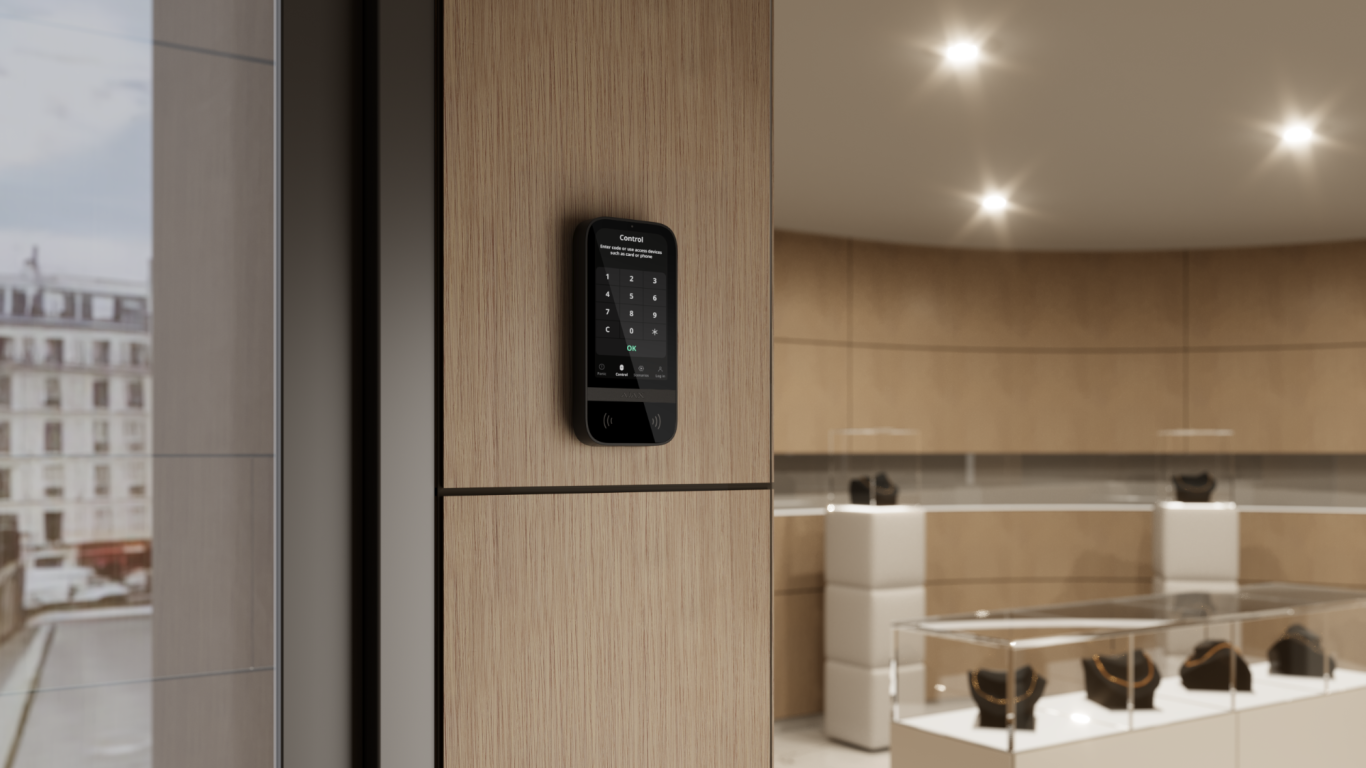 Keypad Keypad in einem hellen, holzverkleideten Eingangsbereich eines Juweliers.