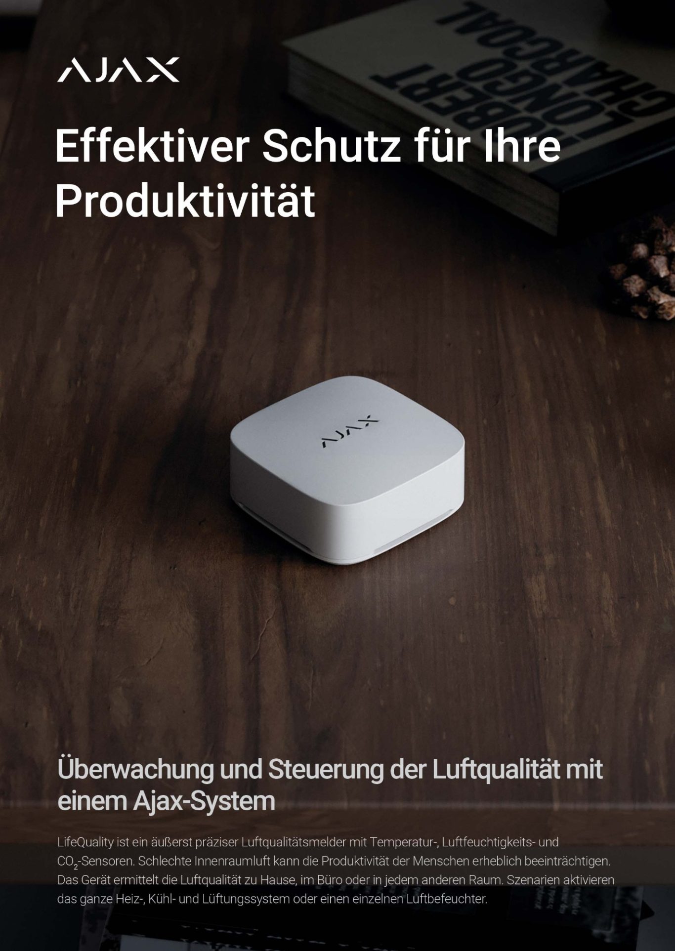 Life Quality Sensor Weißes AJAX-Gerät auf einem Holztisch