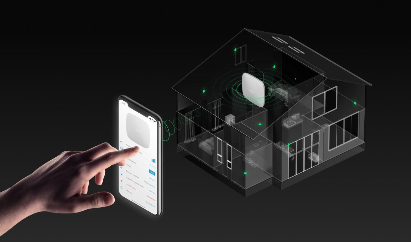 Übersichtsbild Hand mit Smartphone neben einem 3D-Modell eines vernetzten Smart Homes.