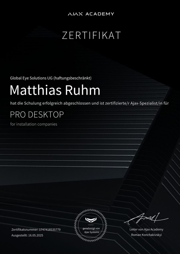 Zertifikat Zertifikat von AJAX für Matthias Ruhm über Lösungen für Außensicherheit.
