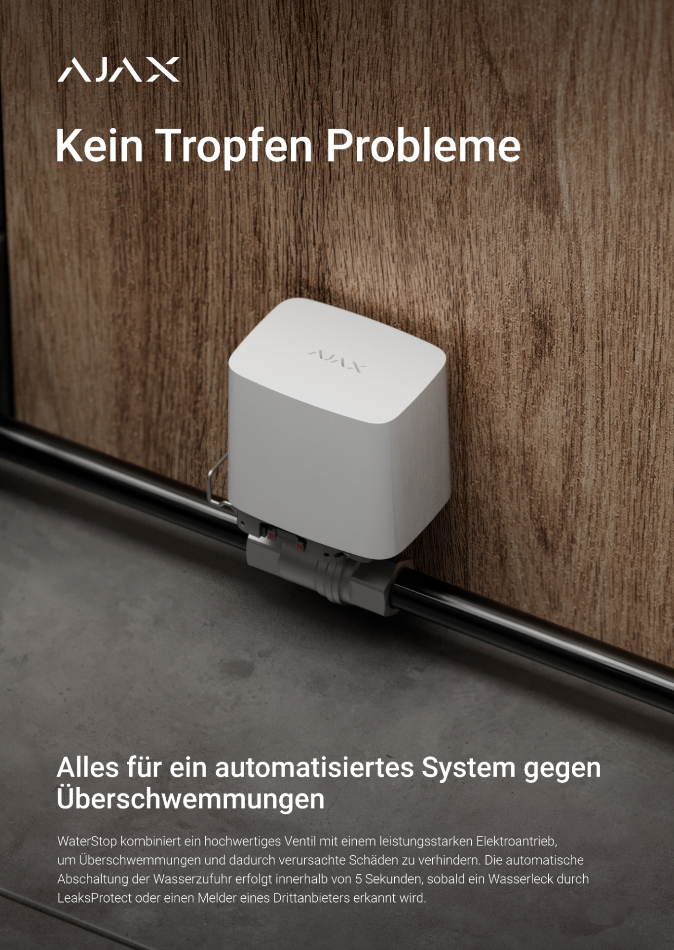 Wasserstop Weißes Gerät an einer Wand, bewirbt ein automatisches Überwachungssystem.