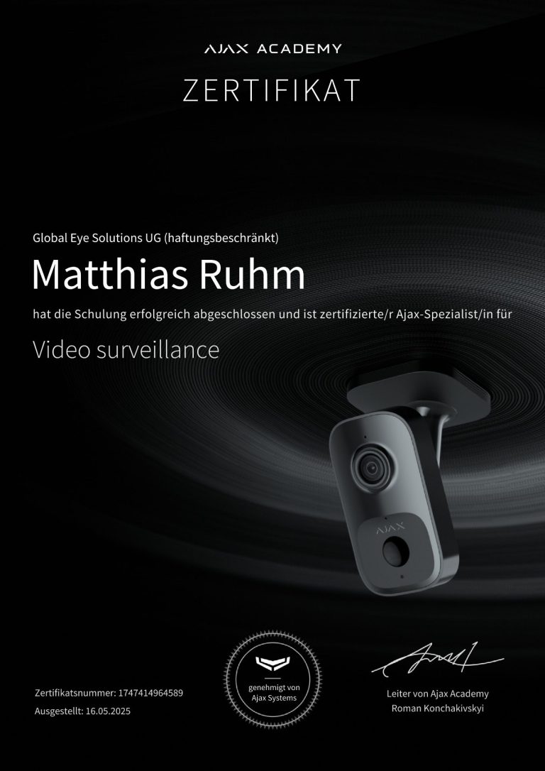 Zertifikat Zertifikat von AJAX für Global Eye Solutions UG
